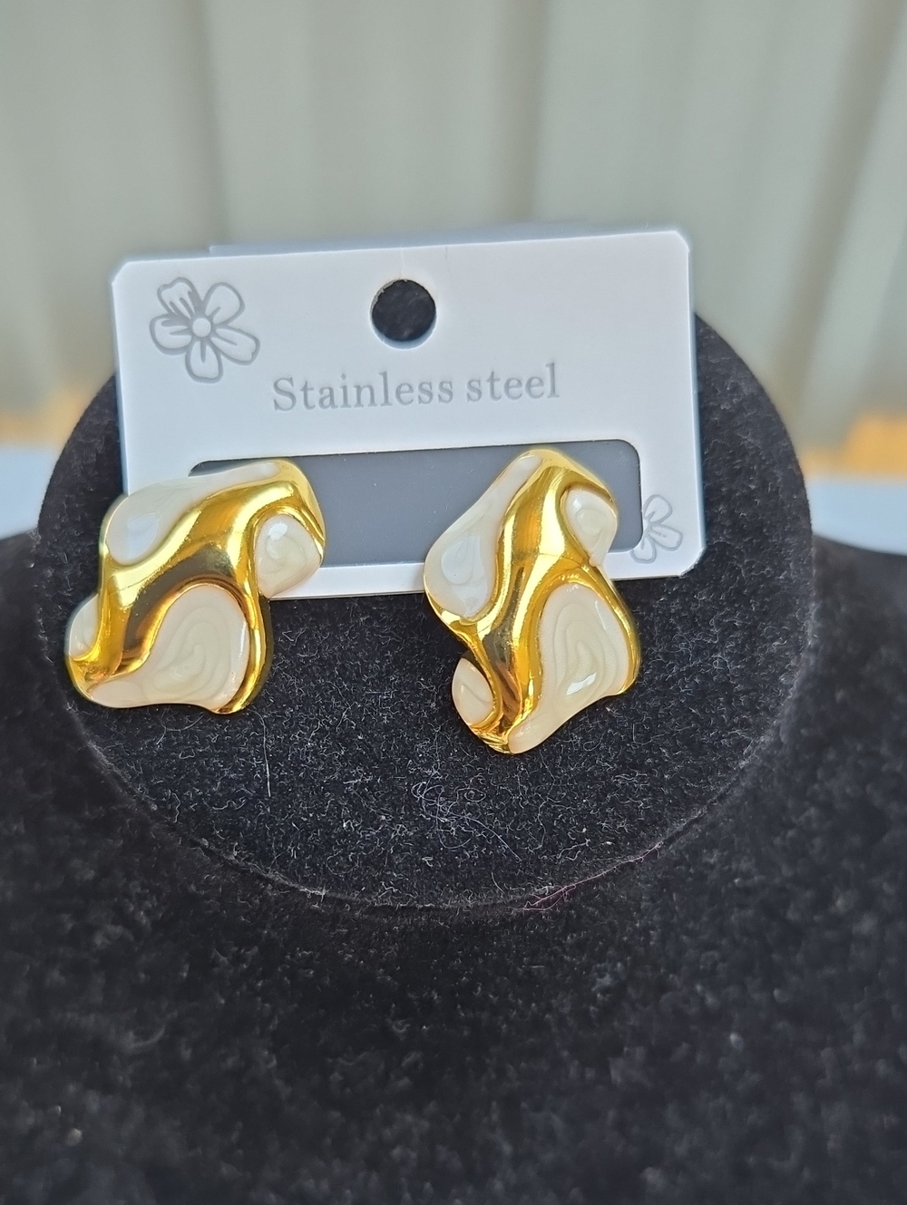 Gold and Cream Stainless Steel Wavy Stud Earrings